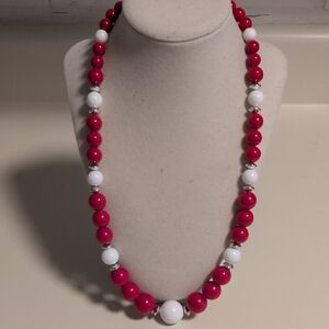 Elegant Silver Red and White Beaded Costume Necklace 24"